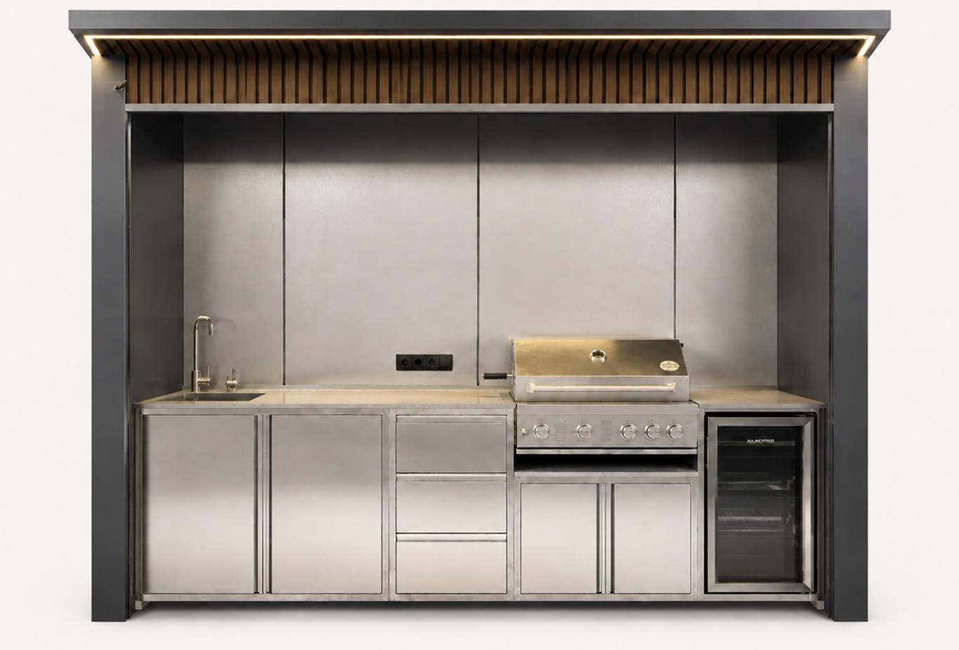 Outdoor Kitchen Box із відкритим ролетом — гриль, мийка та холодильник